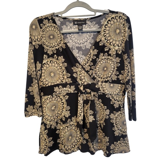 Whimsigoth‎ Fairycore Silky Glam Black Tan Sequins Faux Wrap V Neck Large Top - Picture 2 of 7